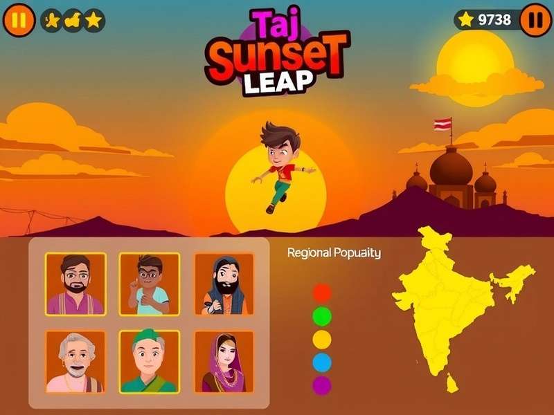 Taj Sunset Leap gameplay screenshot showing character jumping at sunset